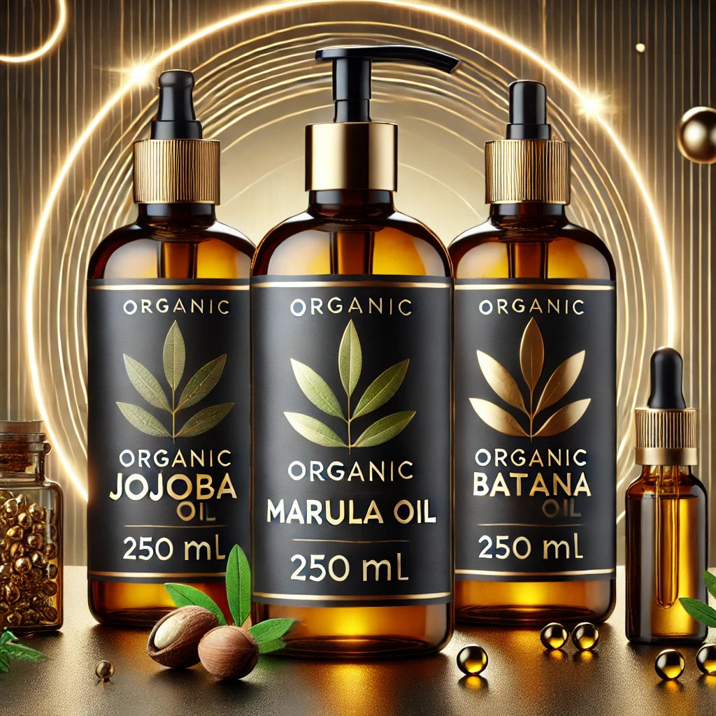 Luxury flat lay of three 250 mL amber glass pump bottles labeled Organic Jojoba Oil, Organic Marula Oil, and Organic Batana Oil, accented with natural ingredients and golden lighting — NextGen Sacred Ether premium wellness collection.