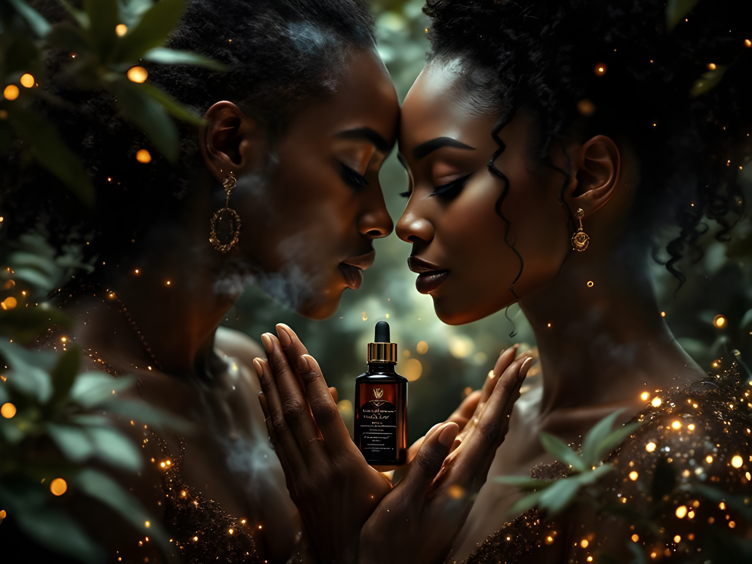 Homepage banner featuring a luxurious bottle of organic oil surrounded by glowing particles, two women facing each other with eyes closed, and the text 'Exclusive Organic Aromatherapy – Elevate Your Rituals. Welcome to the Future | Luxury Wellness Has Arrived | Are You Ready.